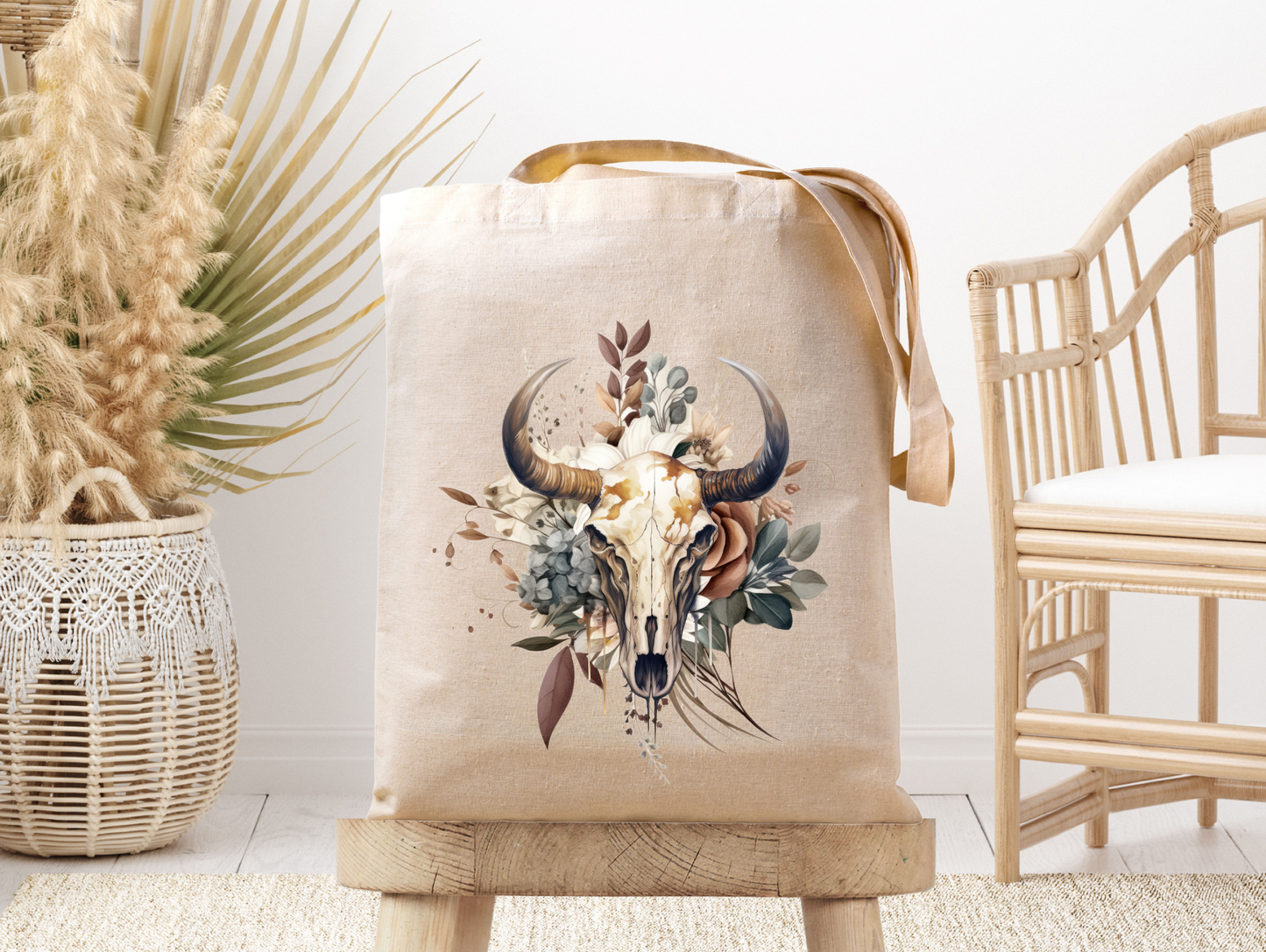 Boho Cow Skull- Canvas Tote Bag