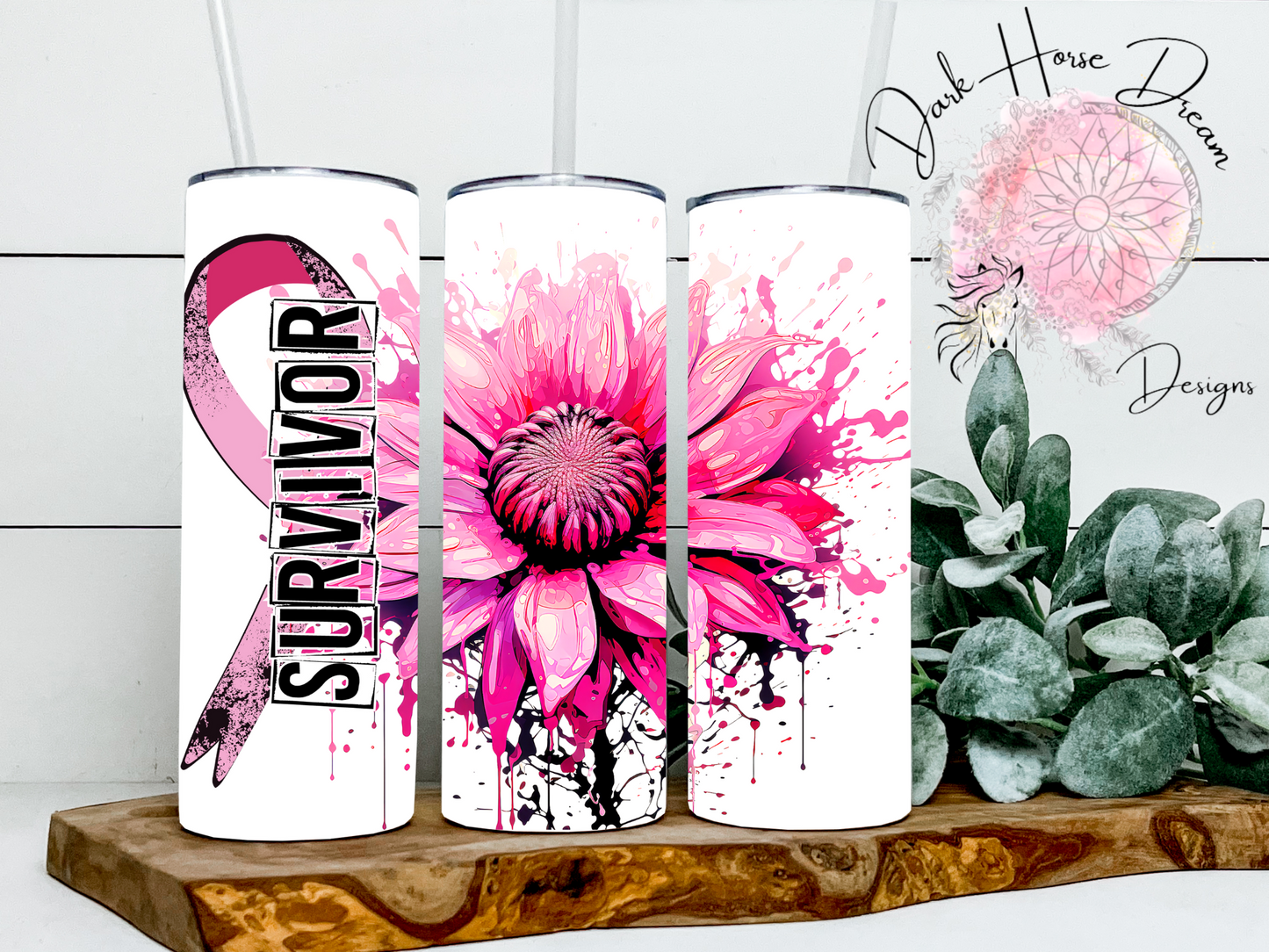 Breast Cancer Awareness Inked Flower Tumbler