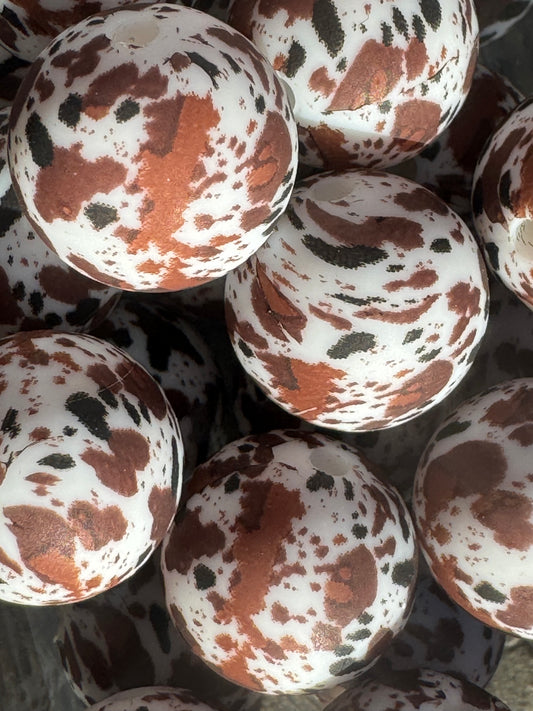 Speckled Cow Print- 15MM Patterned Silicone Bead