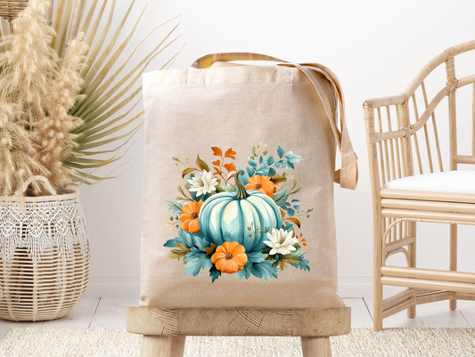 Teal Floral Pumpkin- Canvas Tote Bag