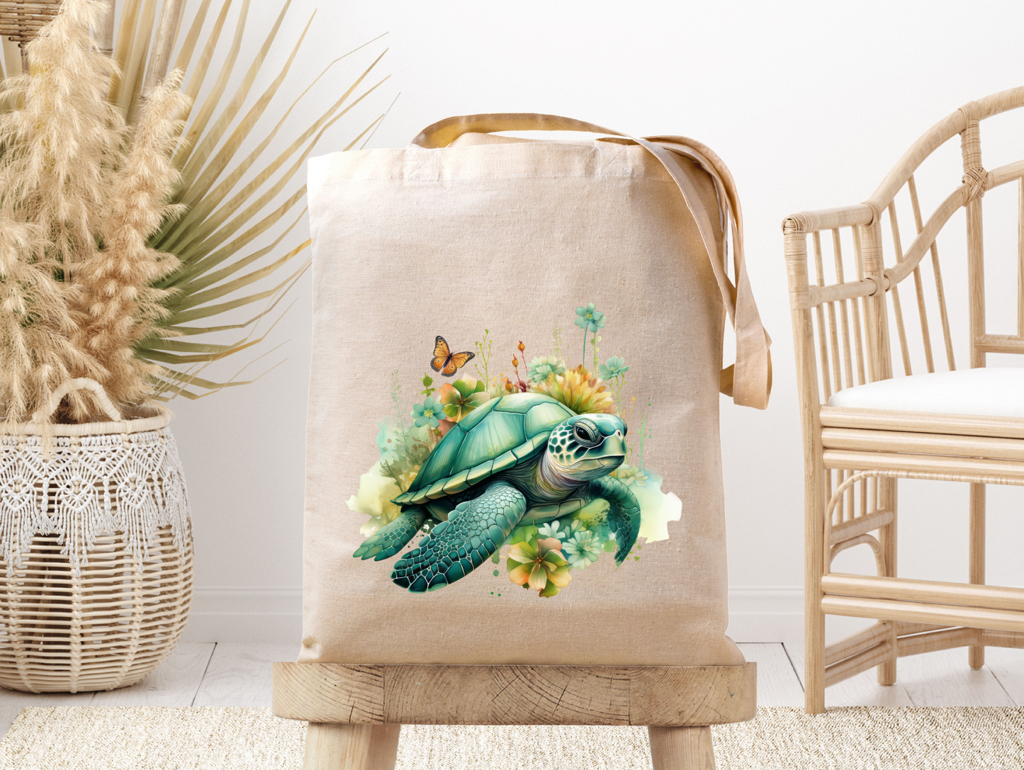 Watercolor Floral Turtle- Canvas Tote Bag