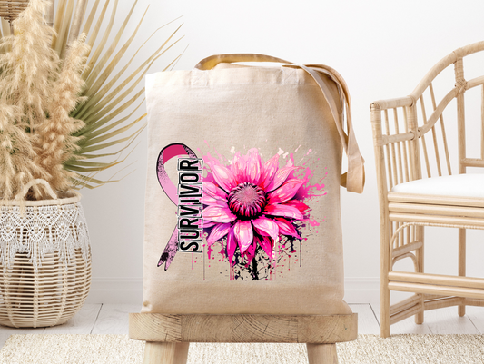 Breast Cancer Awareness Inked Flower- Canvas Tote Bag